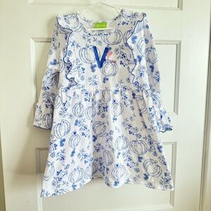 Classic Whimsy Embroidered Monogram Vivian Pumpkin Tunic Shirt Blue White Sz 10